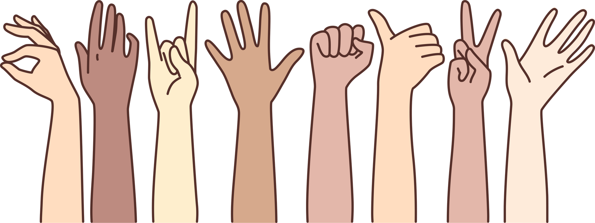 Diverse people show sign language signs